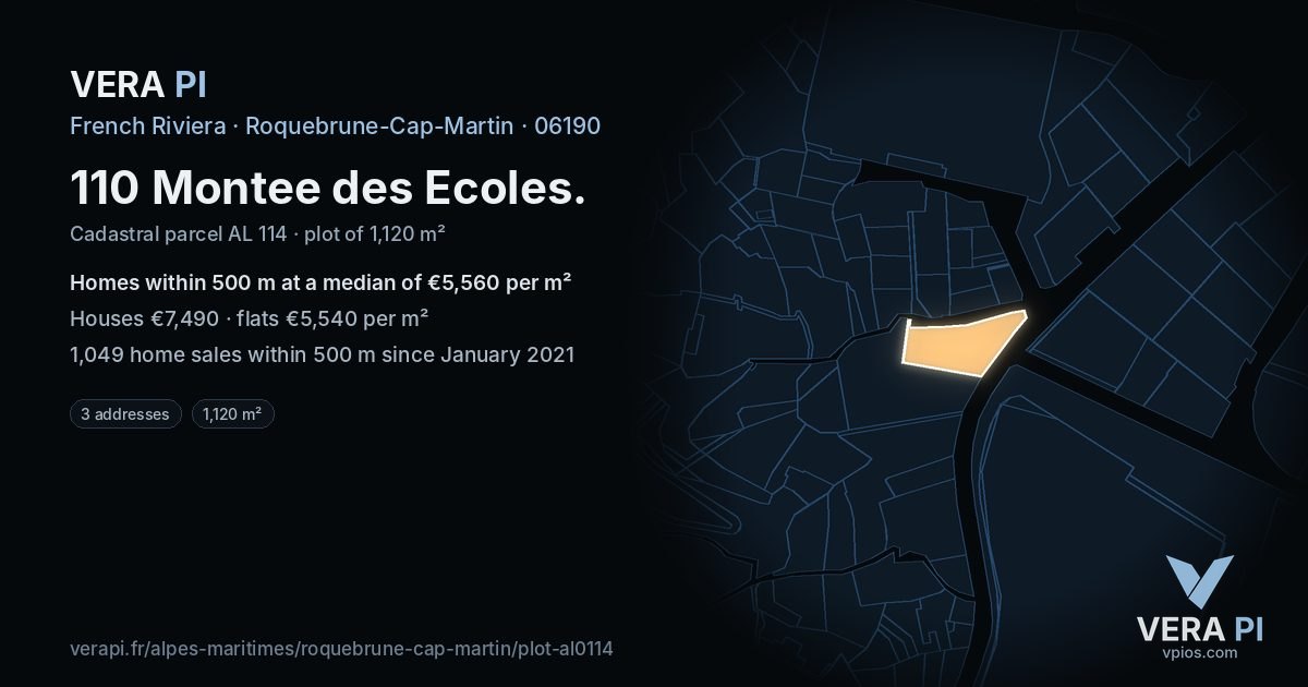 110 Montee des Ecoles, Roquebrune-Cap-Martin at night – the plot lit, the parcels around coloured by the prices near them