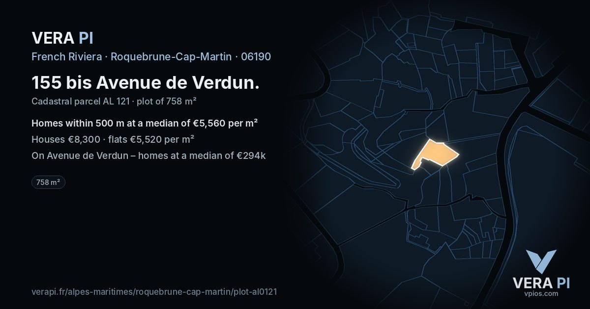 155 bis Avenue de Verdun, Roquebrune-Cap-Martin at night – the plot lit, the parcels around coloured by the prices near them