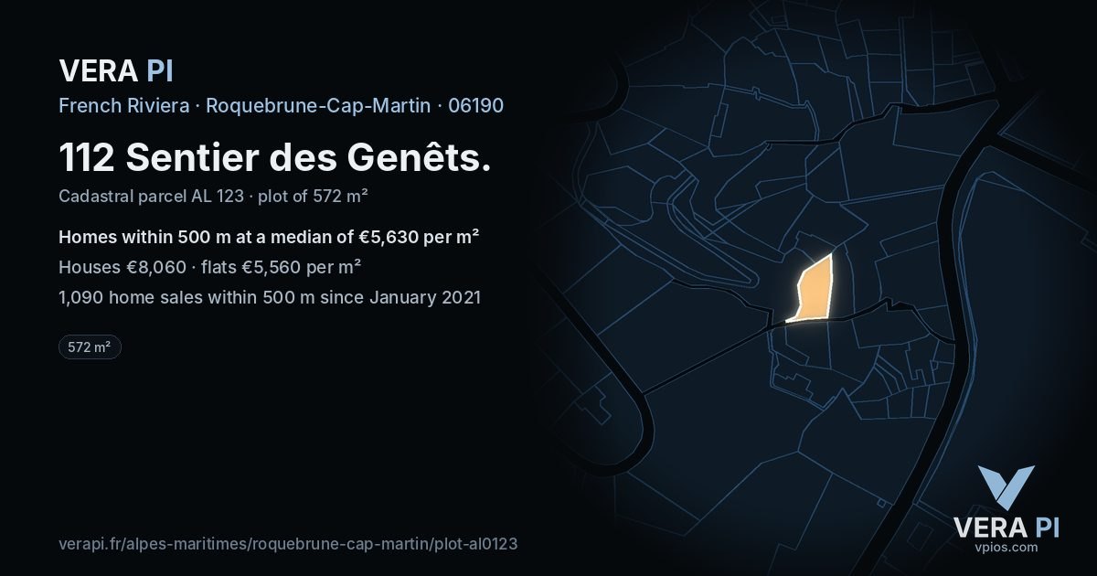 112 Sentier des Genêts, Roquebrune-Cap-Martin at night – the plot lit, the parcels around coloured by the prices near them