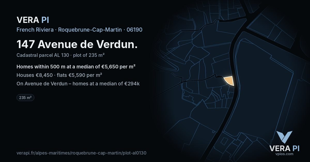 147 Avenue de Verdun, Roquebrune-Cap-Martin at night – the plot lit, the parcels around coloured by the prices near them