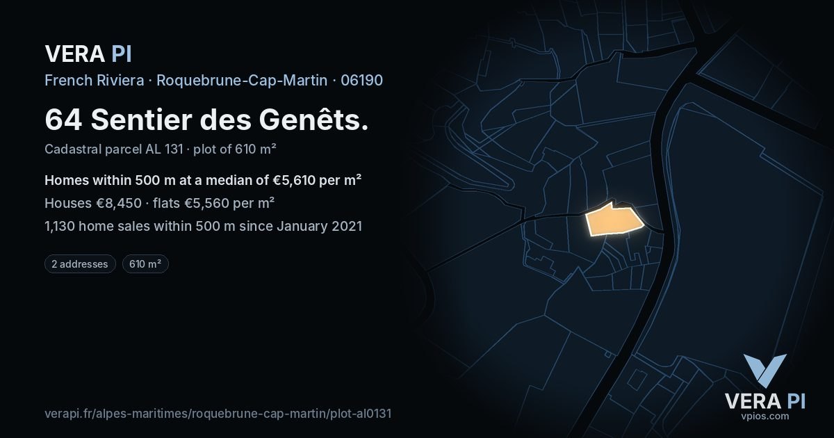 64 Sentier des Genêts, Roquebrune-Cap-Martin at night – the plot lit, the parcels around coloured by the prices near them
