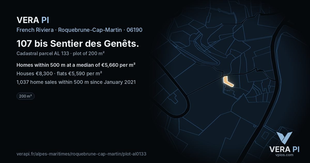 107 bis Sentier des Genêts, Roquebrune-Cap-Martin at night – the plot lit, the parcels around coloured by the prices near them