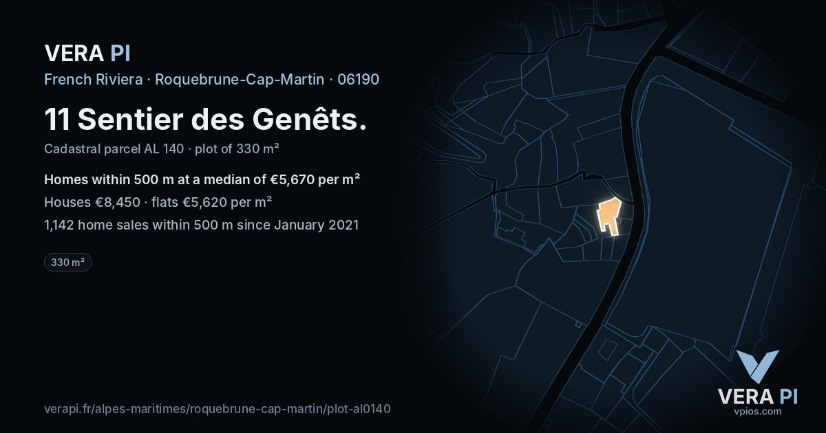 11 Sentier des Genêts, Roquebrune-Cap-Martin at night – the plot lit, the parcels around coloured by the prices near them