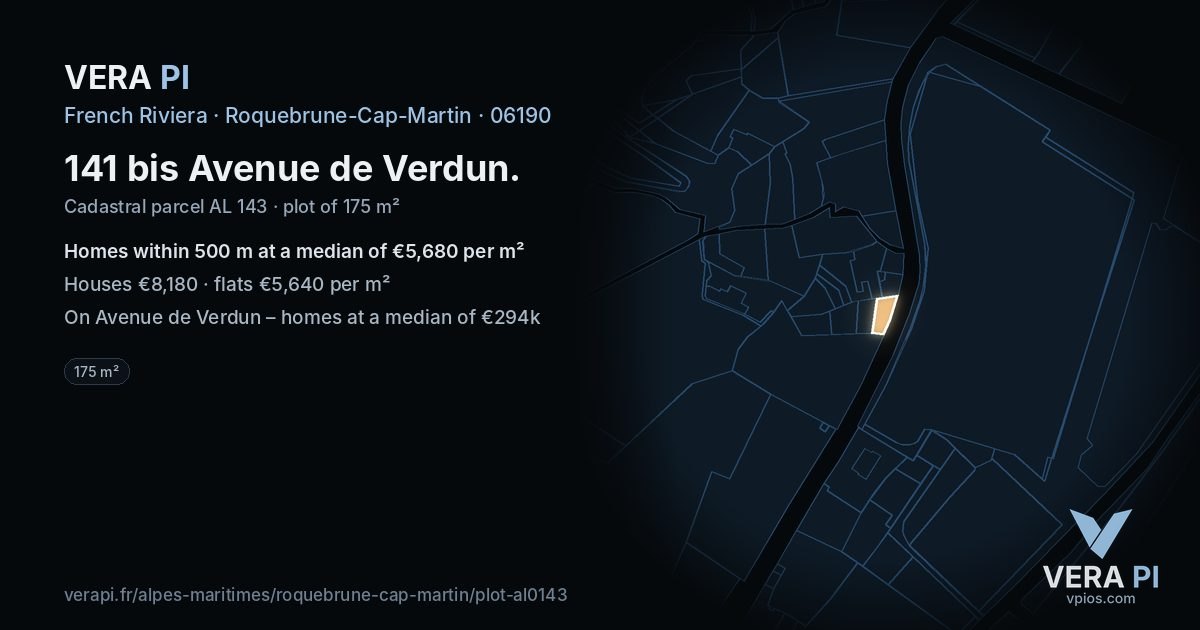 141 bis Avenue de Verdun, Roquebrune-Cap-Martin at night – the plot lit, the parcels around coloured by the prices near them