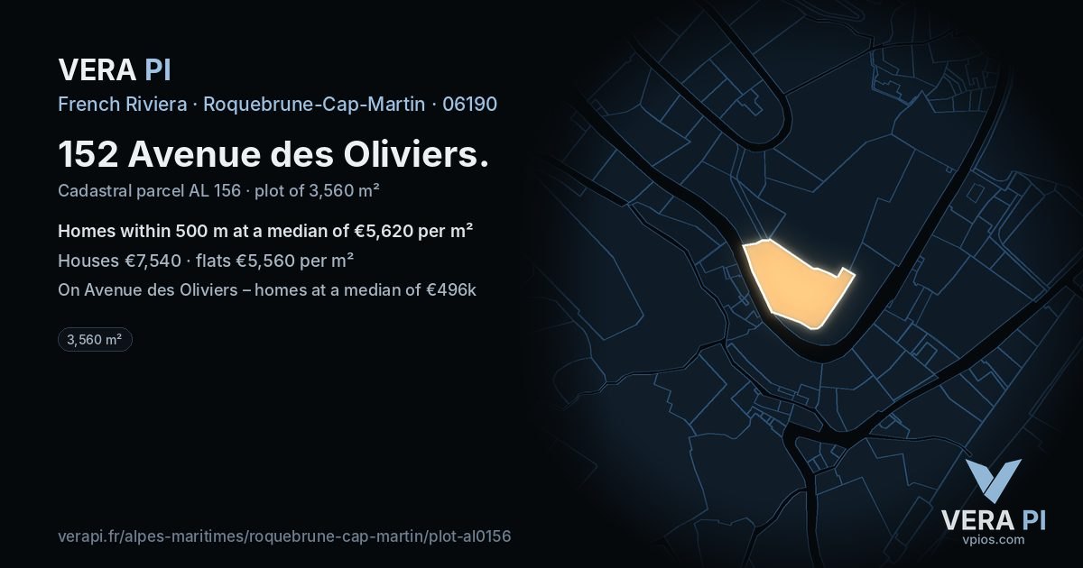 152 Avenue des Oliviers, Roquebrune-Cap-Martin at night – the plot lit, the parcels around coloured by the prices near them