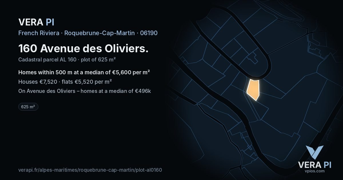 160 Avenue des Oliviers, Roquebrune-Cap-Martin at night – the plot lit, the parcels around coloured by the prices near them