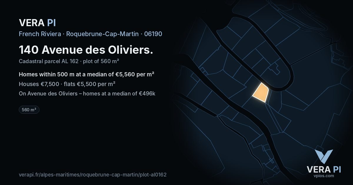 140 Avenue des Oliviers, Roquebrune-Cap-Martin at night – the plot lit, the parcels around coloured by the prices near them
