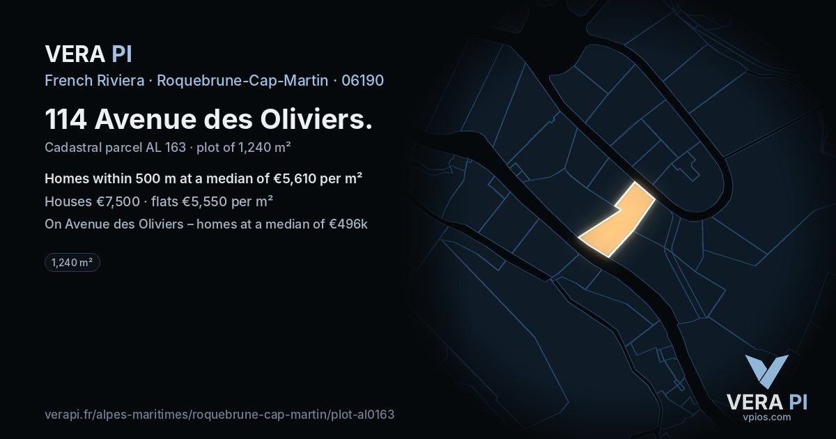 114 Avenue des Oliviers, Roquebrune-Cap-Martin at night – the plot lit, the parcels around coloured by the prices near them