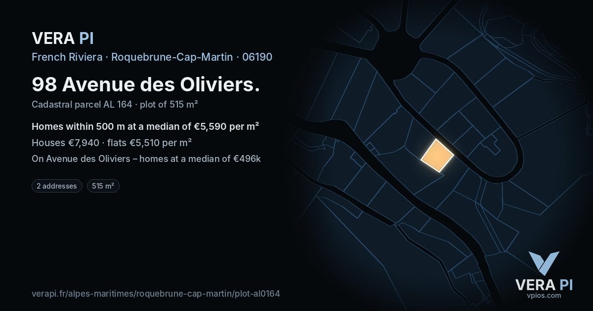 98 Avenue des Oliviers, Roquebrune-Cap-Martin at night – the plot lit, the parcels around coloured by the prices near them