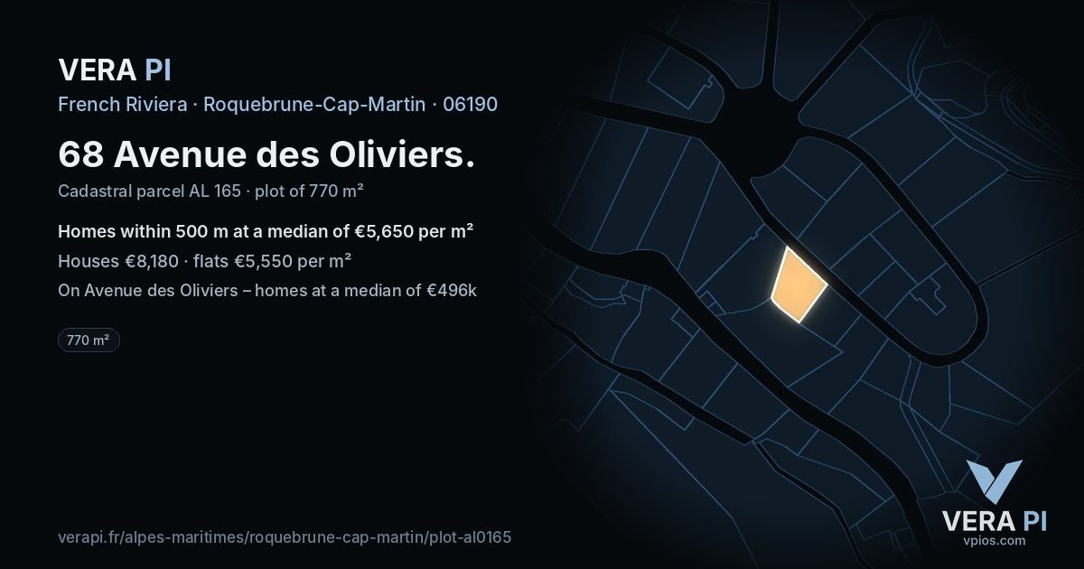 68 Avenue des Oliviers, Roquebrune-Cap-Martin at night – the plot lit, the parcels around coloured by the prices near them