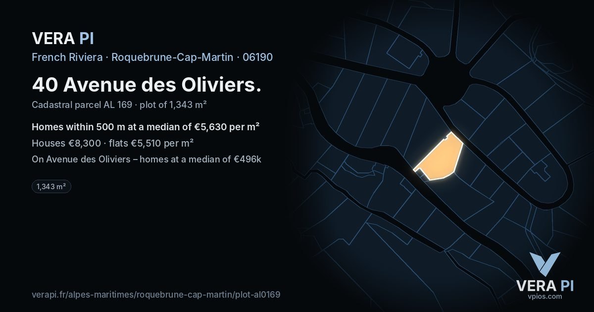 40 Avenue des Oliviers, Roquebrune-Cap-Martin at night – the plot lit, the parcels around coloured by the prices near them