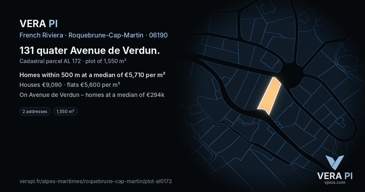 131 quater Avenue de Verdun, Roquebrune-Cap-Martin at night – the plot lit, the parcels around coloured by the prices near them