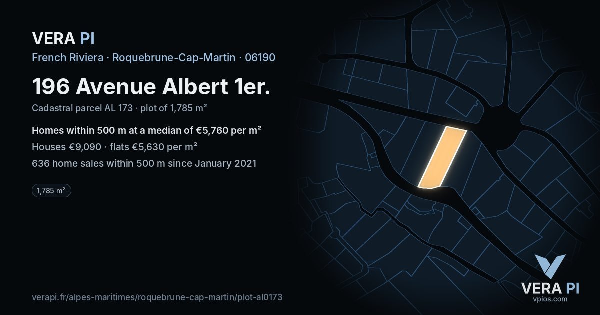 196 Avenue Albert 1er, Roquebrune-Cap-Martin at night – the plot lit, the parcels around coloured by the prices near them