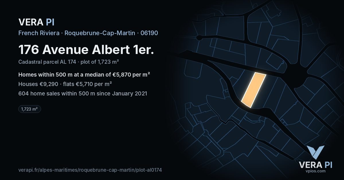 176 Avenue Albert 1er, Roquebrune-Cap-Martin at night – the plot lit, the parcels around coloured by the prices near them