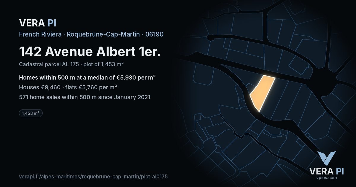 142 Avenue Albert 1er, Roquebrune-Cap-Martin at night – the plot lit, the parcels around coloured by the prices near them