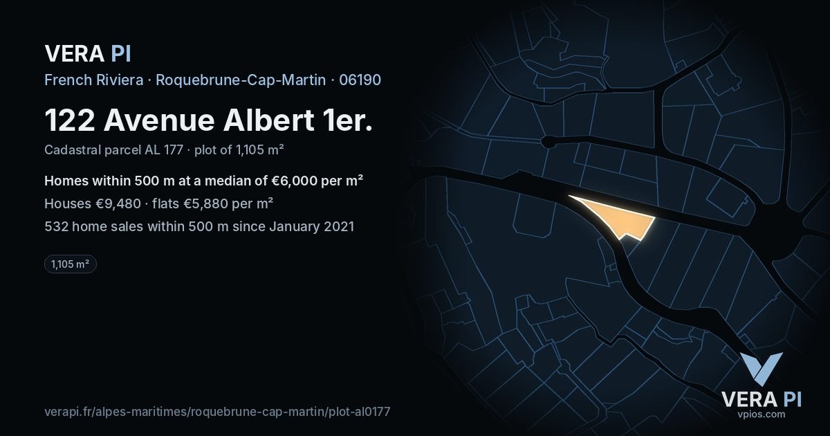 122 Avenue Albert 1er, Roquebrune-Cap-Martin at night – the plot lit, the parcels around coloured by the prices near them