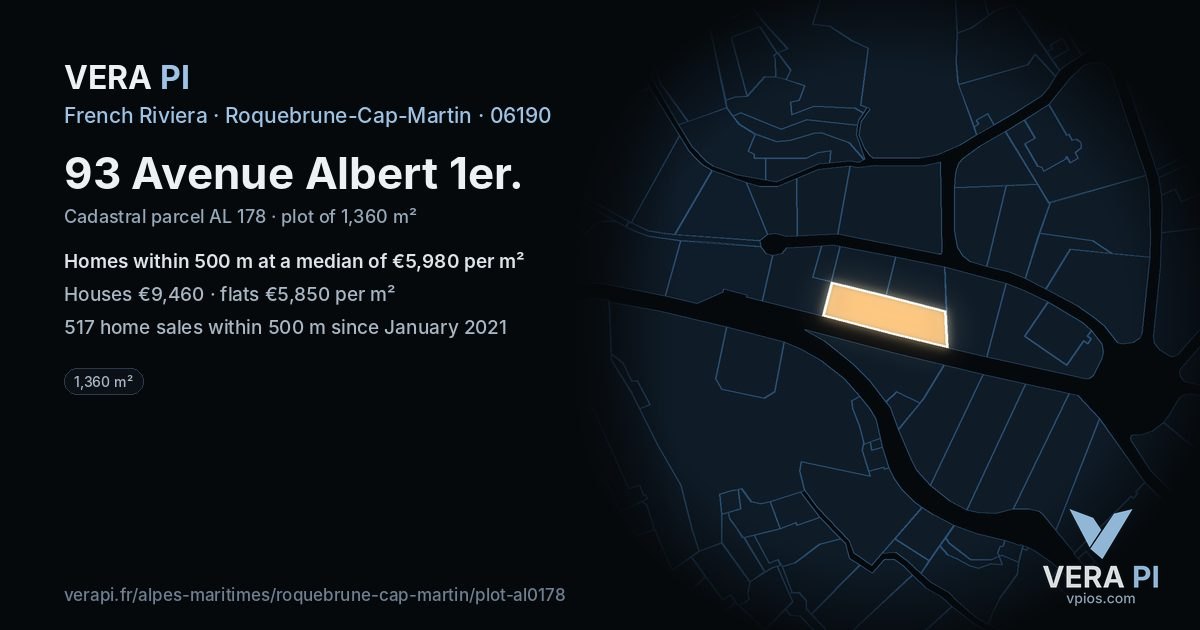 93 Avenue Albert 1er, Roquebrune-Cap-Martin at night – the plot lit, the parcels around coloured by the prices near them