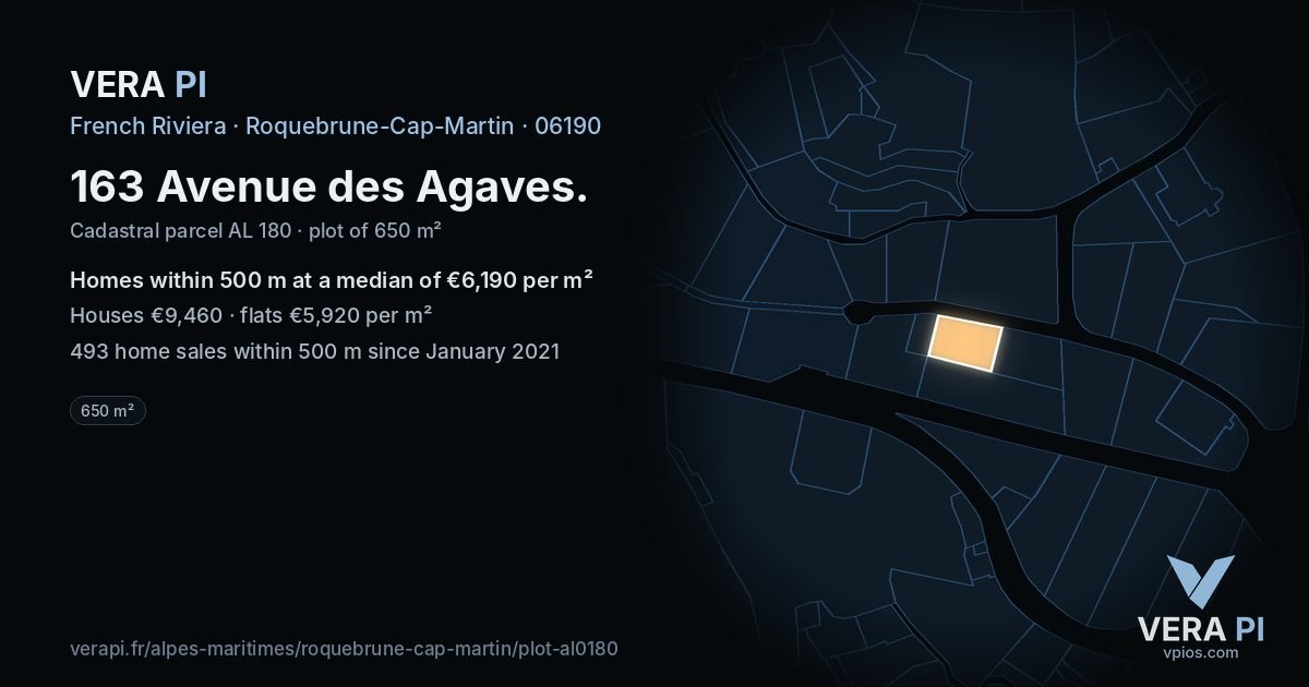 163 Avenue des Agaves, Roquebrune-Cap-Martin at night – the plot lit, the parcels around coloured by the prices near them