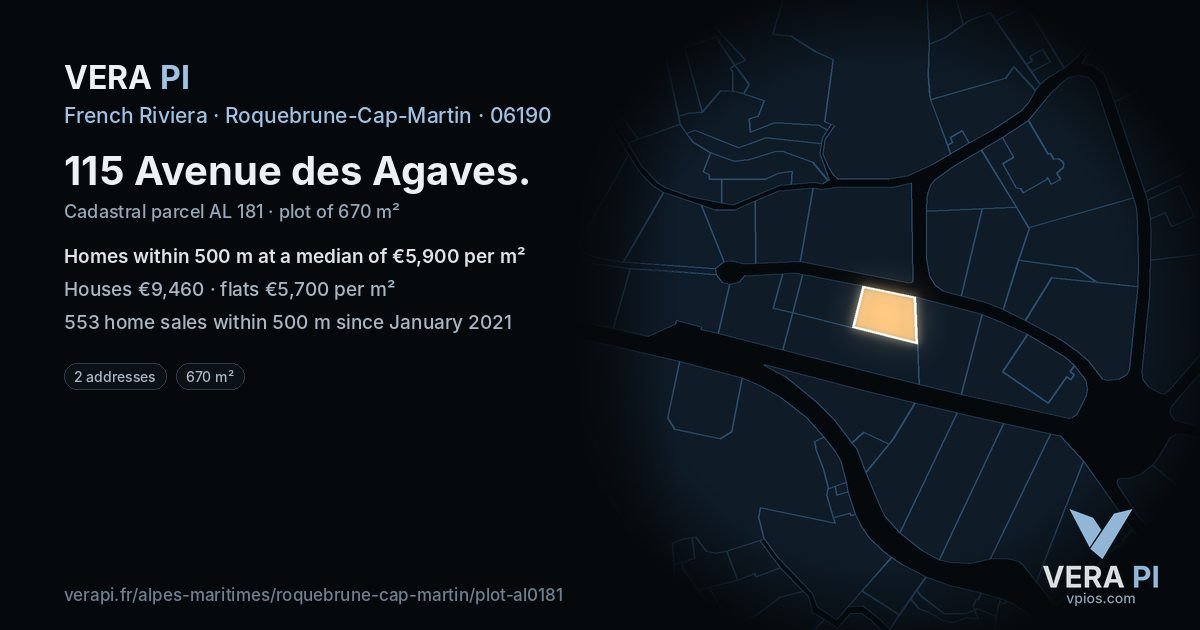 115 Avenue des Agaves, Roquebrune-Cap-Martin at night – the plot lit, the parcels around coloured by the prices near them