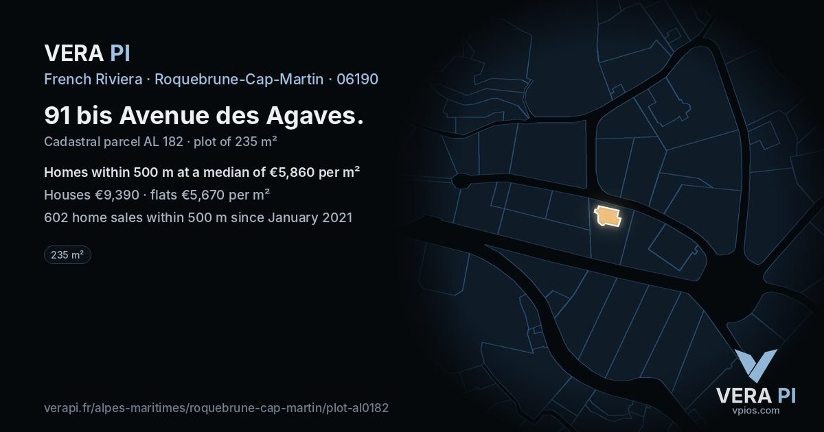 91 bis Avenue des Agaves, Roquebrune-Cap-Martin at night – the plot lit, the parcels around coloured by the prices near them