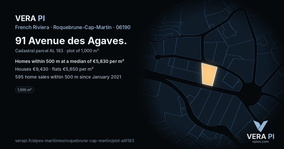 91 Avenue des Agaves, Roquebrune-Cap-Martin at night – the plot lit, the parcels around coloured by the prices near them