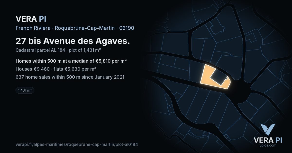27 bis Avenue des Agaves, Roquebrune-Cap-Martin at night – the plot lit, the parcels around coloured by the prices near them