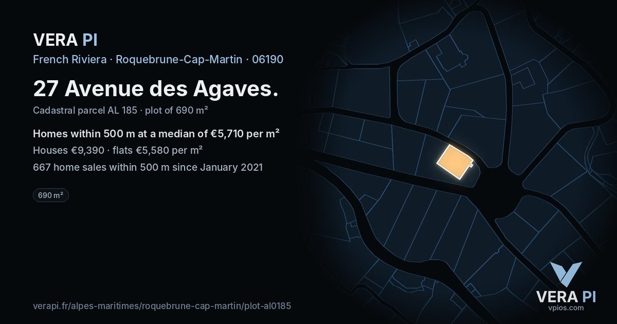 27 Avenue des Agaves, Roquebrune-Cap-Martin at night – the plot lit, the parcels around coloured by the prices near them