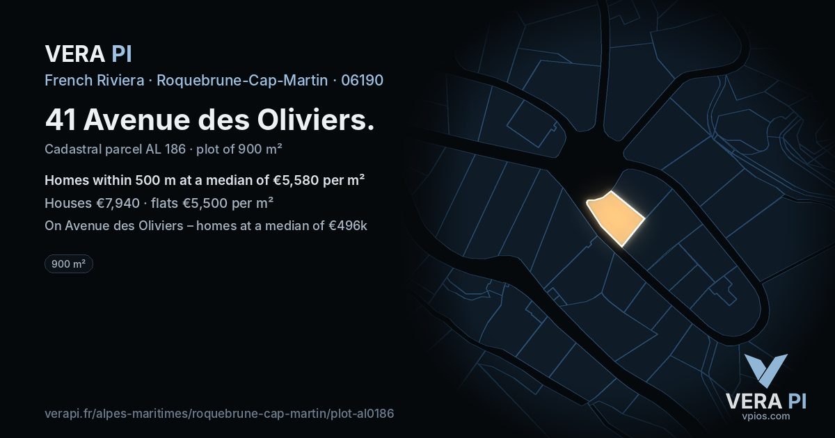 41 Avenue des Oliviers, Roquebrune-Cap-Martin at night – the plot lit, the parcels around coloured by the prices near them