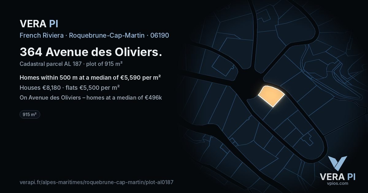 364 Avenue des Oliviers, Roquebrune-Cap-Martin at night – the plot lit, the parcels around coloured by the prices near them