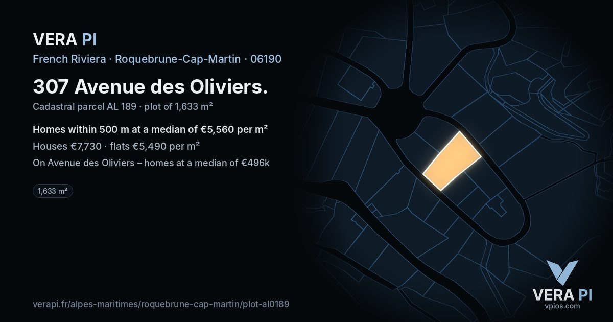 307 Avenue des Oliviers, Roquebrune-Cap-Martin at night – the plot lit, the parcels around coloured by the prices near them