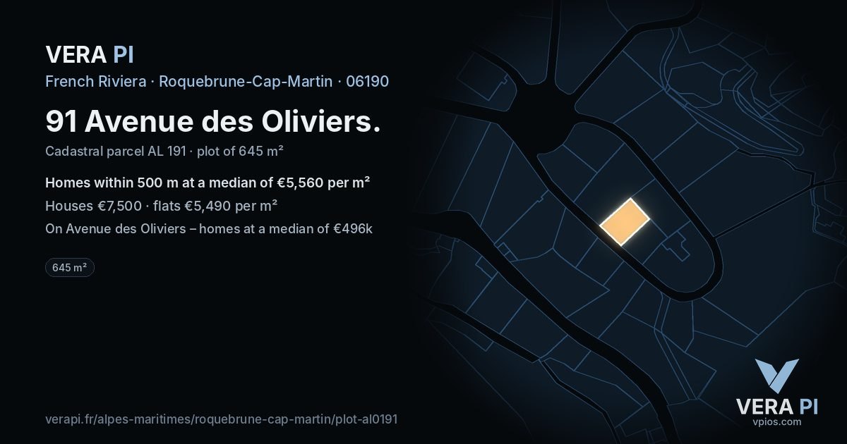 91 Avenue des Oliviers, Roquebrune-Cap-Martin at night – the plot lit, the parcels around coloured by the prices near them