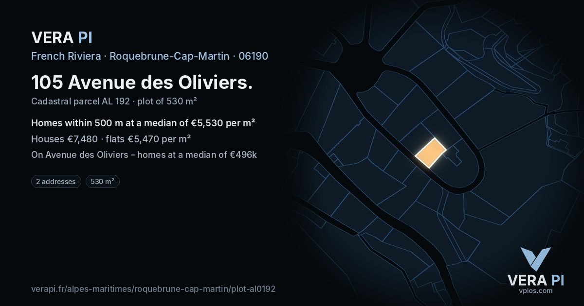 105 Avenue des Oliviers, Roquebrune-Cap-Martin at night – the plot lit, the parcels around coloured by the prices near them