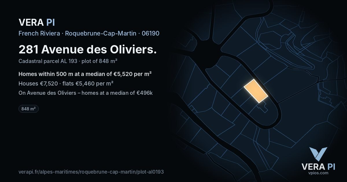 281 Avenue des Oliviers, Roquebrune-Cap-Martin at night – the plot lit, the parcels around coloured by the prices near them