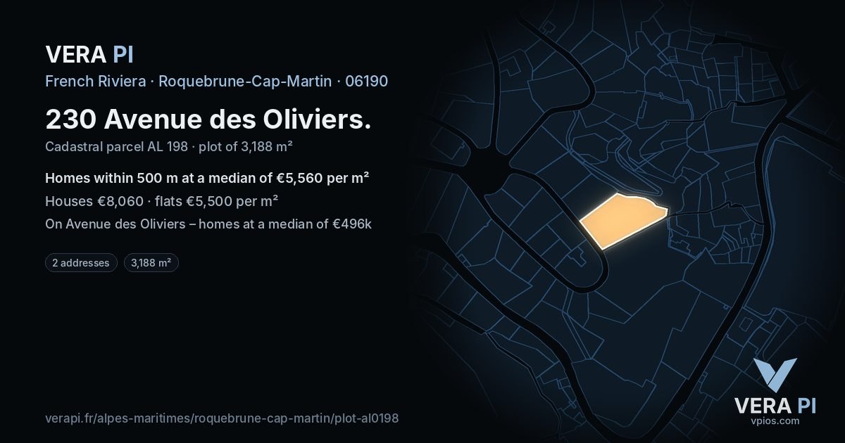230 Avenue des Oliviers, Roquebrune-Cap-Martin at night – the plot lit, the parcels around coloured by the prices near them