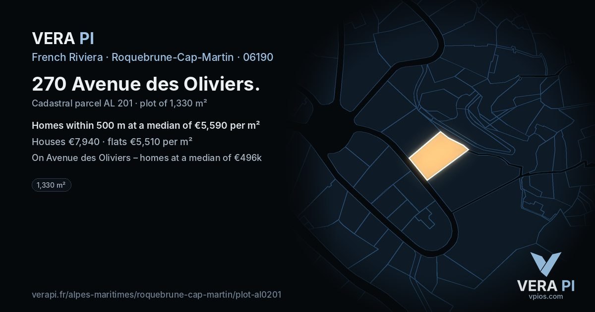 270 Avenue des Oliviers, Roquebrune-Cap-Martin at night – the plot lit, the parcels around coloured by the prices near them
