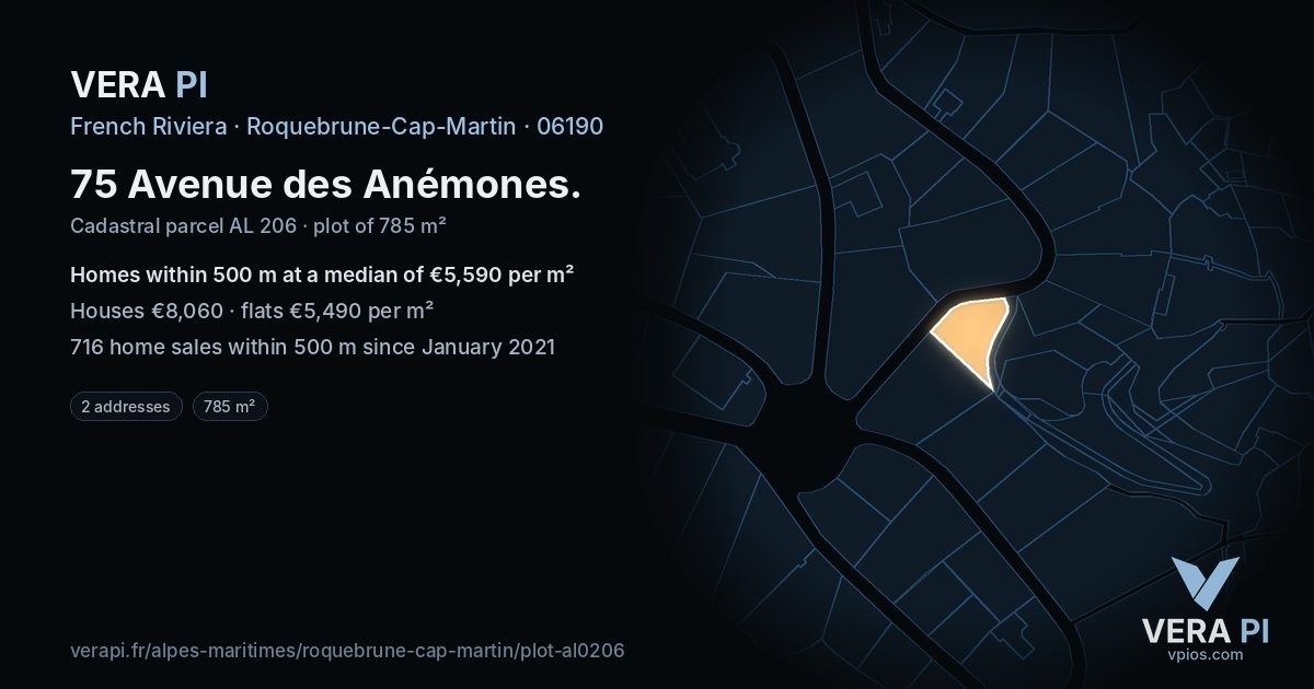 75 Avenue des Anémones, Roquebrune-Cap-Martin at night – the plot lit, the parcels around coloured by the prices near them