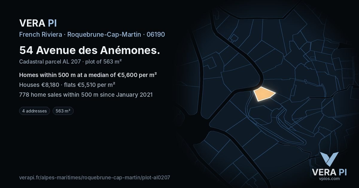 54 Avenue des Anémones, Roquebrune-Cap-Martin at night – the plot lit, the parcels around coloured by the prices near them