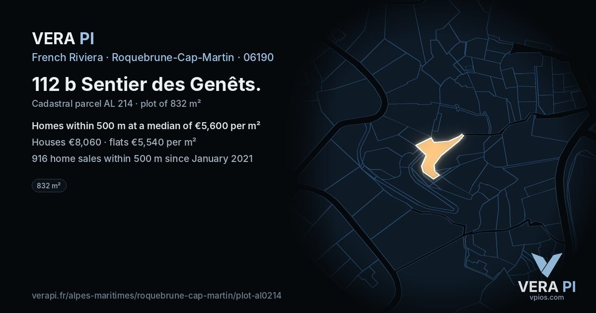 112 b Sentier des Genêts, Roquebrune-Cap-Martin at night – the plot lit, the parcels around coloured by the prices near them