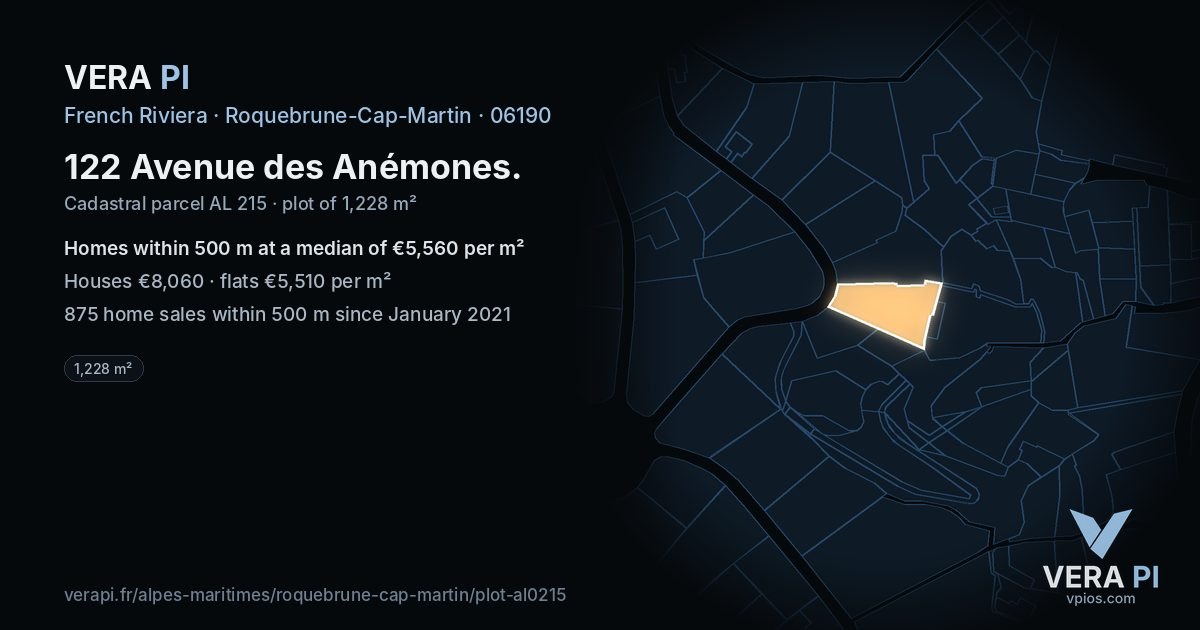 122 Avenue des Anémones, Roquebrune-Cap-Martin at night – the plot lit, the parcels around coloured by the prices near them