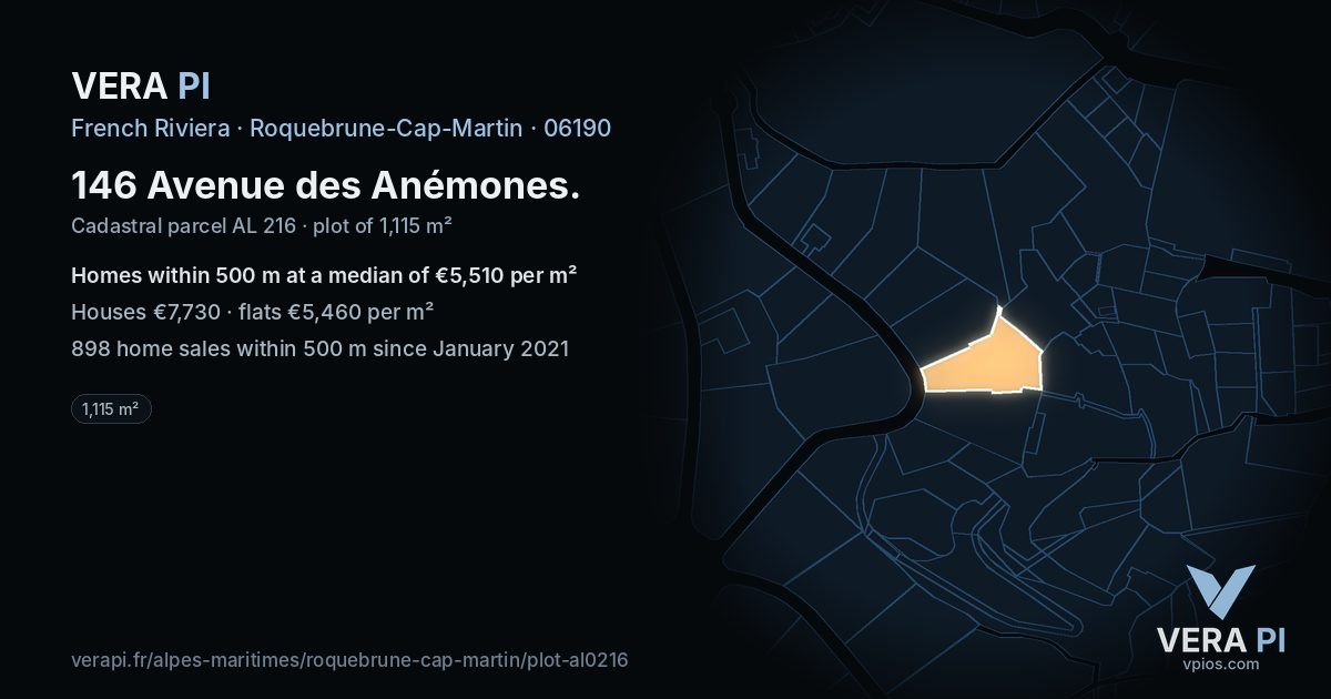 146 Avenue des Anémones, Roquebrune-Cap-Martin at night – the plot lit, the parcels around coloured by the prices near them