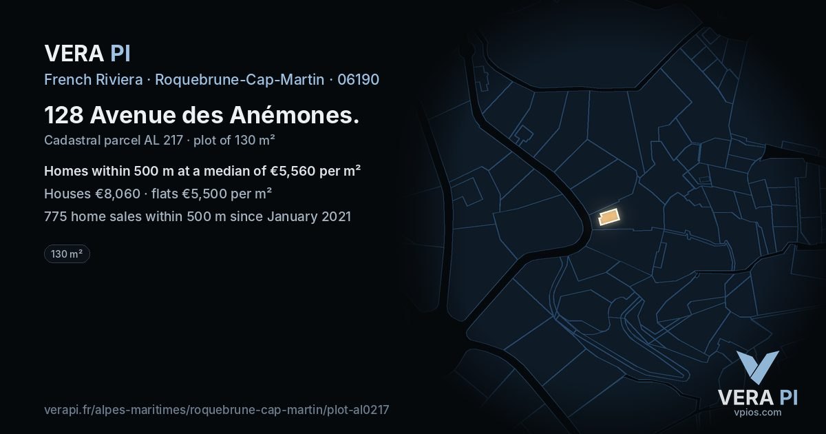 128 Avenue des Anémones, Roquebrune-Cap-Martin at night – the plot lit, the parcels around coloured by the prices near them