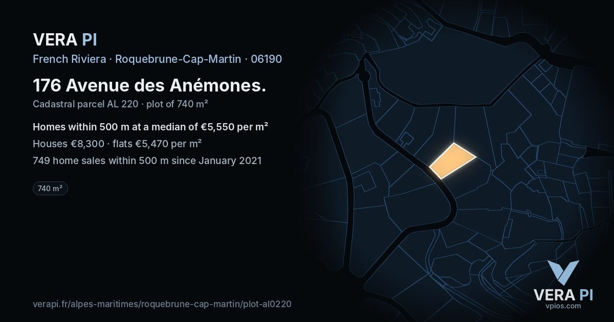 176 Avenue des Anémones, Roquebrune-Cap-Martin at night – the plot lit, the parcels around coloured by the prices near them
