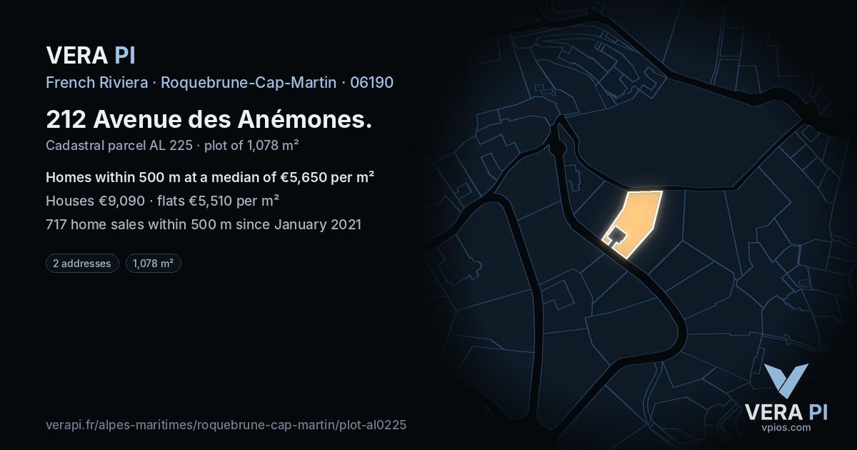 212 Avenue des Anémones, Roquebrune-Cap-Martin at night – the plot lit, the parcels around coloured by the prices near them