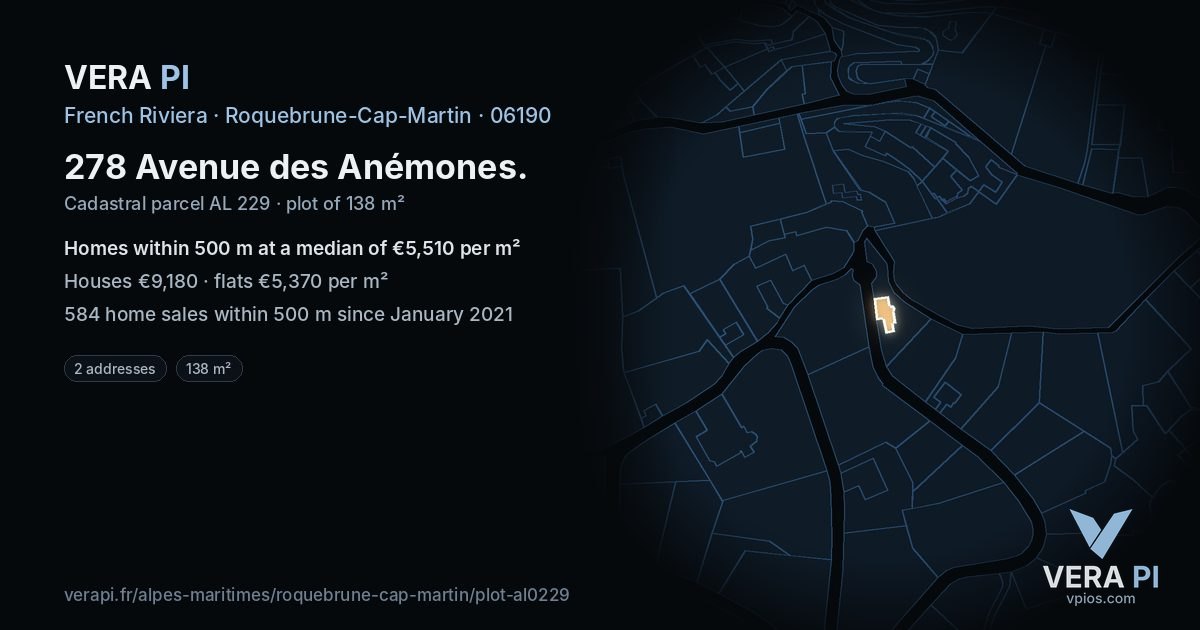278 Avenue des Anémones, Roquebrune-Cap-Martin at night – the plot lit, the parcels around coloured by the prices near them