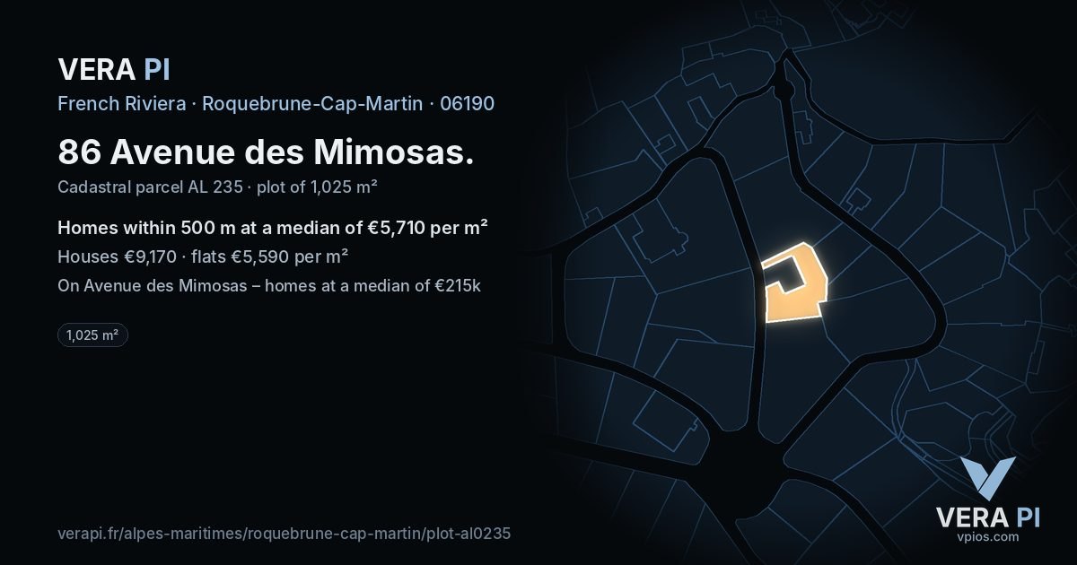 86 Avenue des Mimosas, Roquebrune-Cap-Martin at night – the plot lit, the parcels around coloured by the prices near them