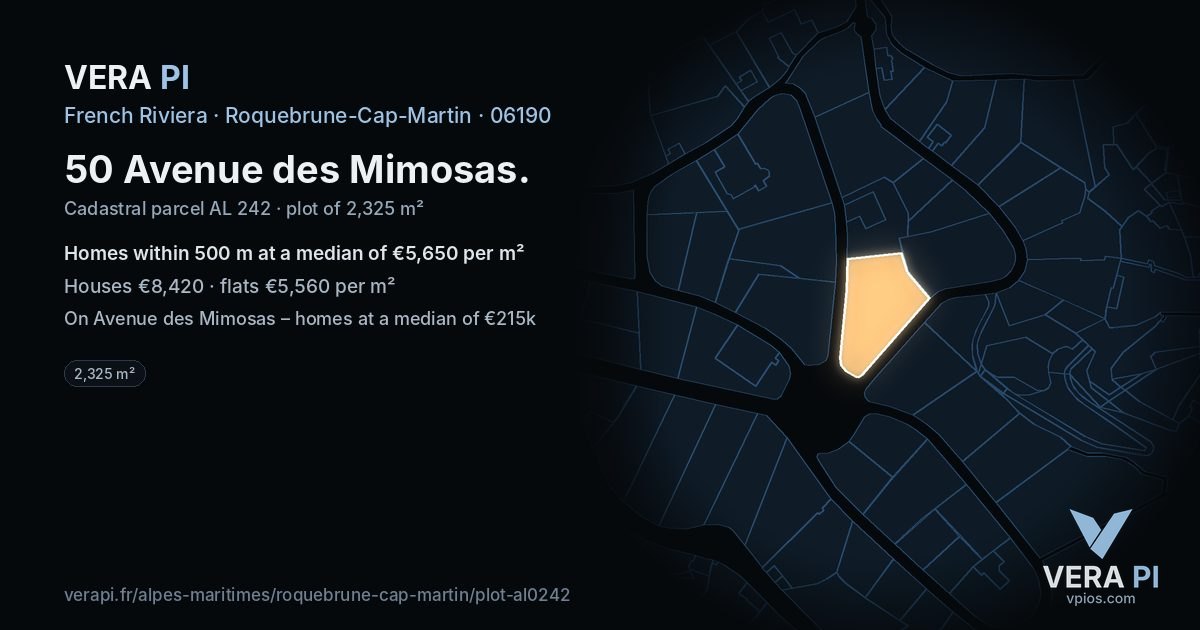 50 Avenue des Mimosas, Roquebrune-Cap-Martin at night – the plot lit, the parcels around coloured by the prices near them