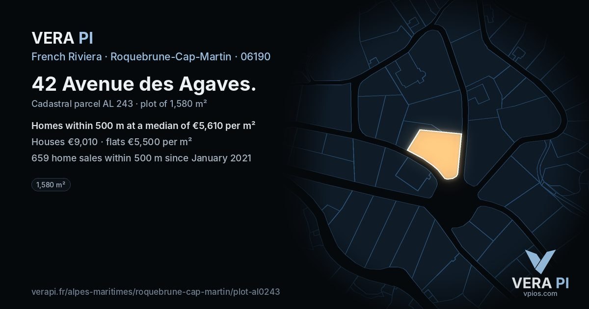 42 Avenue des Agaves, Roquebrune-Cap-Martin at night – the plot lit, the parcels around coloured by the prices near them