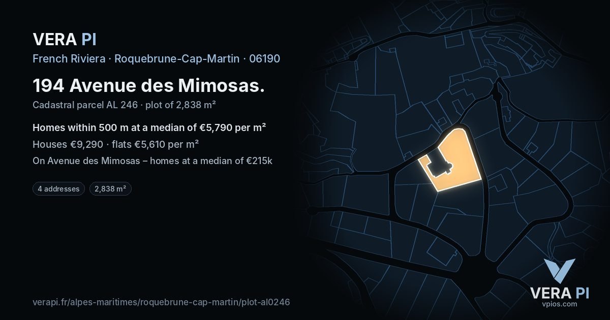 194 Avenue des Mimosas, Roquebrune-Cap-Martin at night – the plot lit, the parcels around coloured by the prices near them