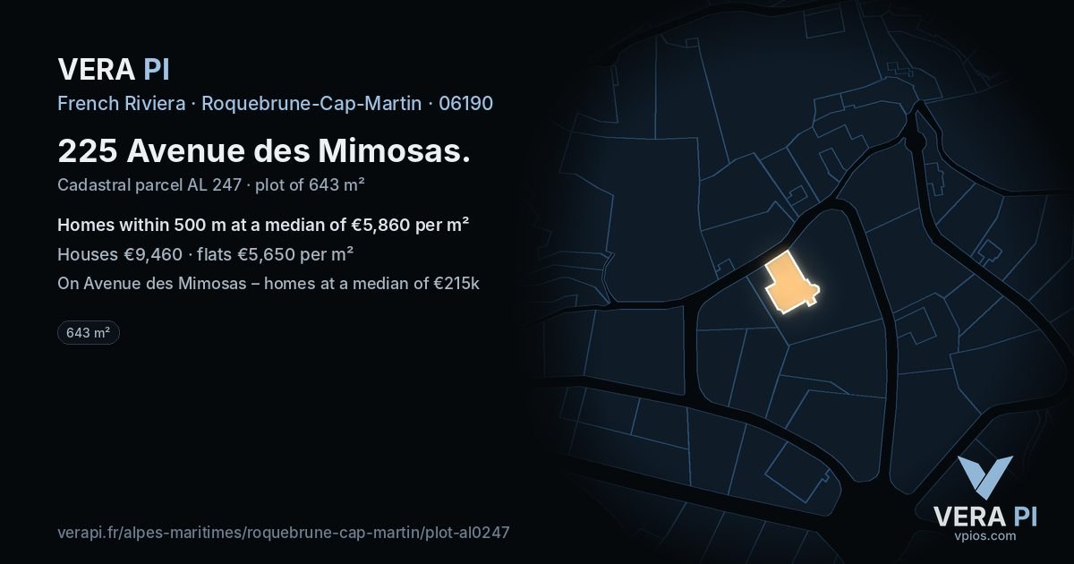 225 Avenue des Mimosas, Roquebrune-Cap-Martin at night – the plot lit, the parcels around coloured by the prices near them