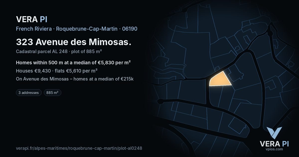 323 Avenue des Mimosas, Roquebrune-Cap-Martin at night – the plot lit, the parcels around coloured by the prices near them